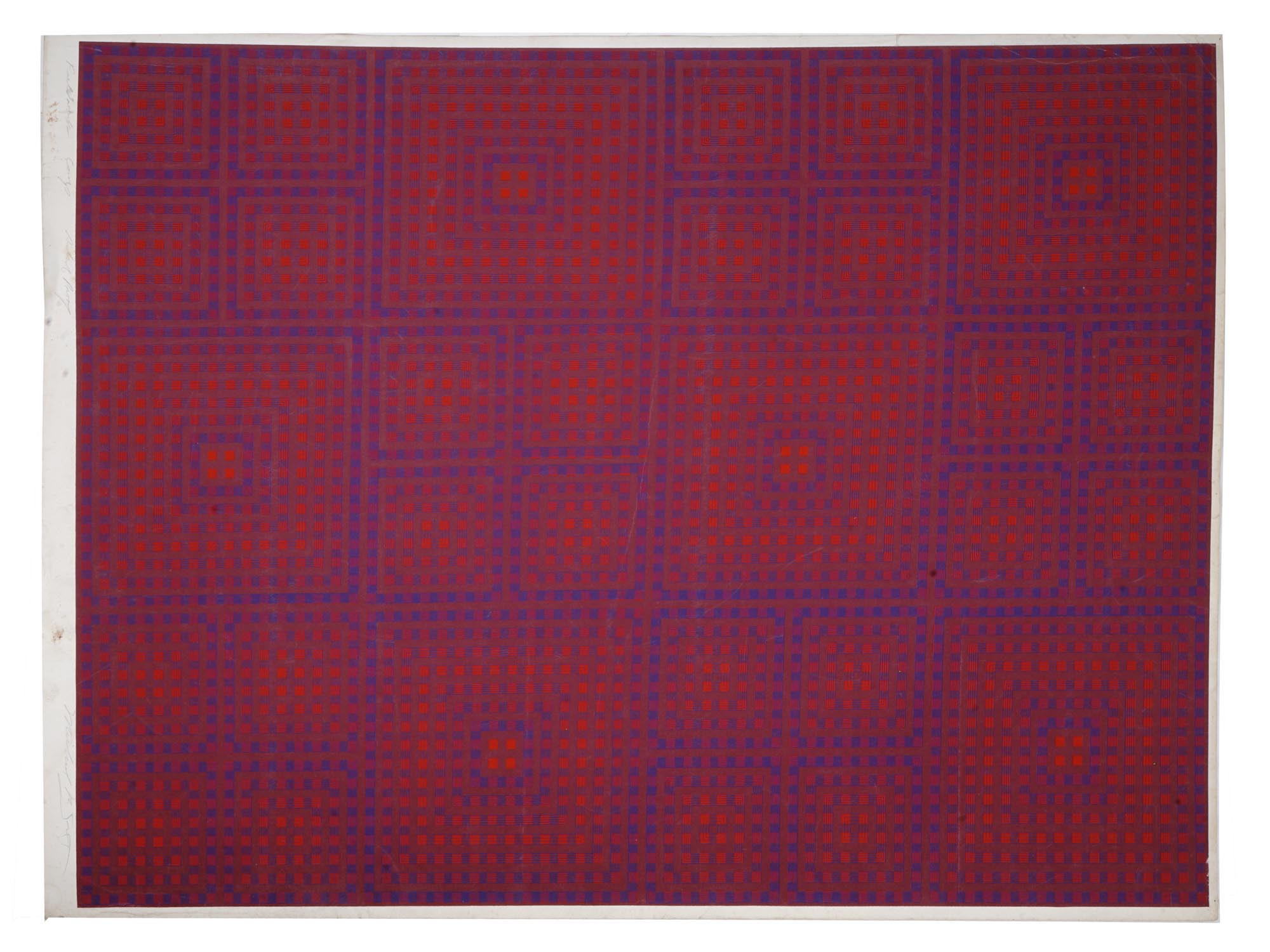 OP ART PRINT ON BOARD BLUE AND RED HANDSIGNED PIC-0